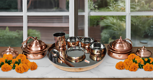 Juego de cena de cobre de acero en relieve tradicional indio hecho a mano, hermosa vajilla de regalo con cuencos Thali, cuchara de vidrio - Product Image 5