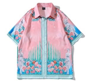 Ensemble chemise et short pour homme en satin à imprimé floral rose, col rabattu, tenue décontractée d'été - Product Image 2
