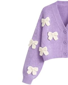 Customized <b>Women</b> Lavender <b>Purple</b> Cropped Knit <b>Cardigan</b> Sweater With White Bow Applique V Neck Button Front Cute Winter Fashion - Product Image 4