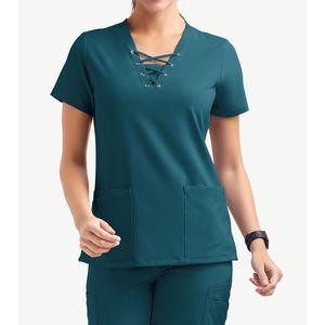Cómodos trajes de fregado elásticos para mujer, Top con cuello en V, Pantalón recto con cordón, uniforme médico personalizable, venta al por mayor, conjunto de fregado a granel - Product Image 1