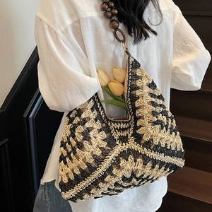 Bolso de Verano de Ganchillo para Mujer, Nuevo Estilo Vintage con Cuentas de Madera, Bolso de Hombro/Axilar para Playa, de Poliéster, Estilo Vacaciones en la Costa - Product Image 2