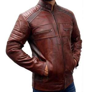 Chaqueta de Cuero Desgastado con Cuello Alto Personalizada OEM 2026, Chaqueta Vintage de Cuero Encerado de Oveja, Manga Larga, Corte Ajustado para Hombre - Product Image 3