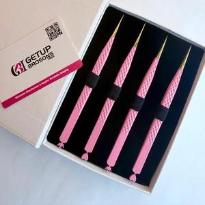 Ensemble de 4 pinces à cils personnalisées avec logo rose, pointe dorée, acier inoxydable, grille diamantée, anti-magnétique, anti-statique, 10 mm - Product Image 4