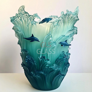 Jarrón estilo ola de mar de cristal esculpido a mano para decoración del hogar - Product Image 5