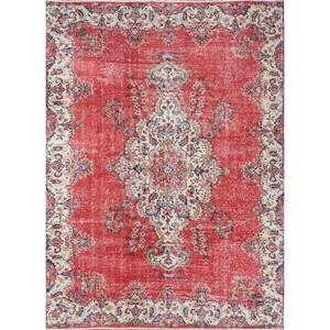 พรมขนสัตว์ทอมือลายเมดัลเลียนสีแดงและสีส้มขนาดใหญ่สไตล์วินเทจสำหรับห้องนั่งเล่น ห้องโถง ทางเดิน รูปทรงสี่เหลี่ยมผืนผ้า-Pae-2450 - Product Image 1