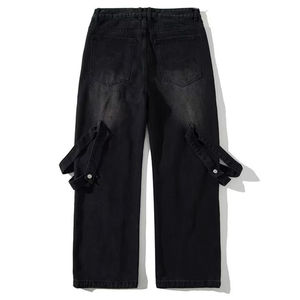 กางเกงยีนส์ชายขาตรงขากว้างทรงหลวมผ้าเดนิมสไตล์ฮิปฮอปซักสีเข้มดีไซน์แบบฉีกเป็นชิ้น - Product Image 2