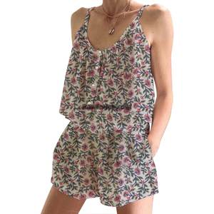 Ensemble de pyjama en coton imprimé à blocs d'été pour femmes Ensemble de pyjama floral ajusté sans manches à bretelles printemps/été - Product Image 4