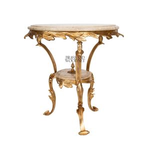 Mesa Auxiliar Redonda de Dos Niveles de Lujo con Tapa de Mármol Beige Natural y Marco de Hojas de Latón Dorado Ornamentado para Decoración de Interiores de Palacio - Product Image 4