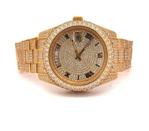 Montre à mouvement automatique luxueuse édition or montre en acier inoxydable chiffre romain Date jour cadran Moissanite diamant clouté montre - Product Image 1