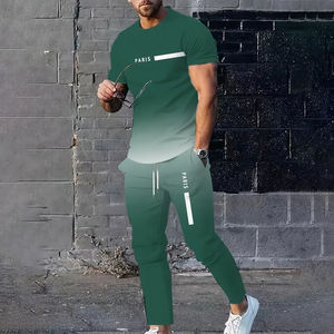 Men's Color Design Full-Print Solid Short Sleeve Extended Pants Two-Piece Set Casual Outdoor Sports Comfortable 100% Cotton - Product Image 1