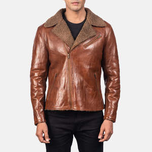 Genuine Sheepskin Reversible Brown Leather <b>Jacket</b> Water Resistant Zippered <b>Biker</b> Style Winter XS Size - Product Image 3