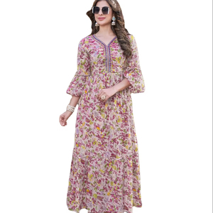 Vestido cómodo Kurtis con estampado de lámina de algodón pesado de primera calidad para adultos Material de rayón al por mayor con algodón de centro comercial interior - Product Image 1
