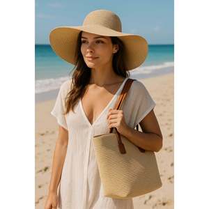 Beige Straw <b>Hat</b> and Straw Bag Two-Piece Set, Shipped in a <b>Box</b>. - Cnt2005bej - Product Image 3