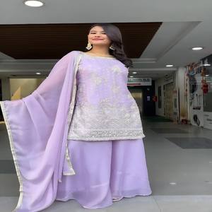 Conjunto de Kurti, Plazo y Dupatta de Georgette Sintética Pesada VASTRA COTTAGE para Mujer, Bordado con Lentejuelas, Diseño Étnico - Product Image 5