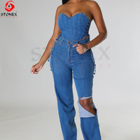 Ensemble 2 pièces tendance en jean bleu délavé respirant pour adolescentes, style urbain, en denim de coton, pour femme