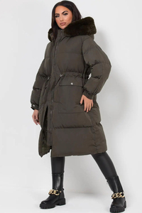 Manteau d'hiver matelassé long en tricot pour femme, style lupin, sur mesure, couleur kaki, OEM, capuche en fausse fourrure, taille à cordon de serrage, fermeture éclair intégrale, style bulle - Product Image 6