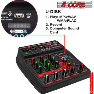 5Core Audio Mixer 4 Channel DJ Soundboard <b>USB</b> Interface Bluetooth Mixing Console w Repeat Delay +48V - Product Image 6