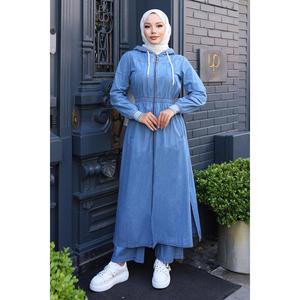 Conjunto de Jeans Midi con Top Largo Elástico con Capucha y Cuello Redondo en Mezclilla Azul, 100% Algodón, Corte Regular, MSW19370-1, Estilo Casual - Product Image 1