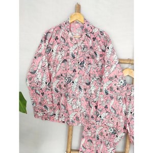 Hand-Block Printed Indian Cotton Pyjama Set Pastel Rose Floral Soft Woven Nightwear for Spring Season - Product Image 2