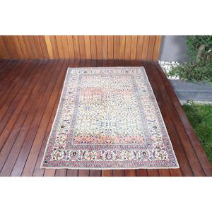 Alfombra Vintage de 3.8x5.7 pies, Alfombra Turca de Lana Ikat Azul y Roja - Product Image 1