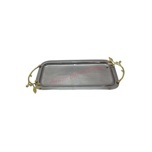 Plateau de service martelé en acier inoxydable de haute qualité de forme rectangulaire avec poignées d'illustration de branche - Product Image 3