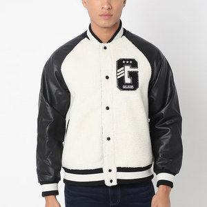 Men Varsity <b>Jacket</b> <b>Fleece</b> <b>Lining</b> PU Leather Sleeves Embroidered Logo Front Casual Winter Wear - Product Image 1