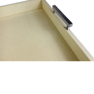 Rectangle Ivory 0.62x0.49x0.09 Faux shagreen Tea/<b>Food</b> Serving <b>Trays</b> with Brass Insert Handle - Product Image 3