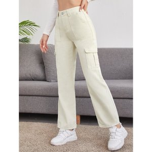 OSCA INTERNATIONAL Crème Y2K Écologique Durable 6 Poches Style Urbain Femme Taille Haute Coupe Droite Extensible Respirante Plissée - Product Image 4