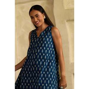 Robe évasée polyvalente en ikat indigo avec ceinture, motif uni de haute qualité, respirante, taille XS, idéale pour le printemps, avec fermeture éclair - Product Image 6