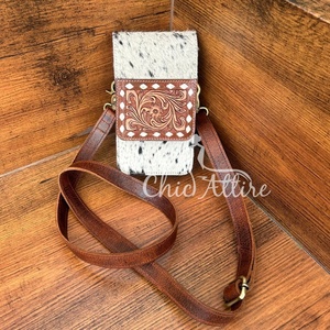 กระเป๋าใส่โทรศัพท์หนังแท้แบบตะวันตก, ใหม่ล่าสุดกระเป๋าคาดลำตัวสำหรับใส่บัตรเครดิตกระเป๋าหนังวัวลายดอกไม้ - Product Image 1