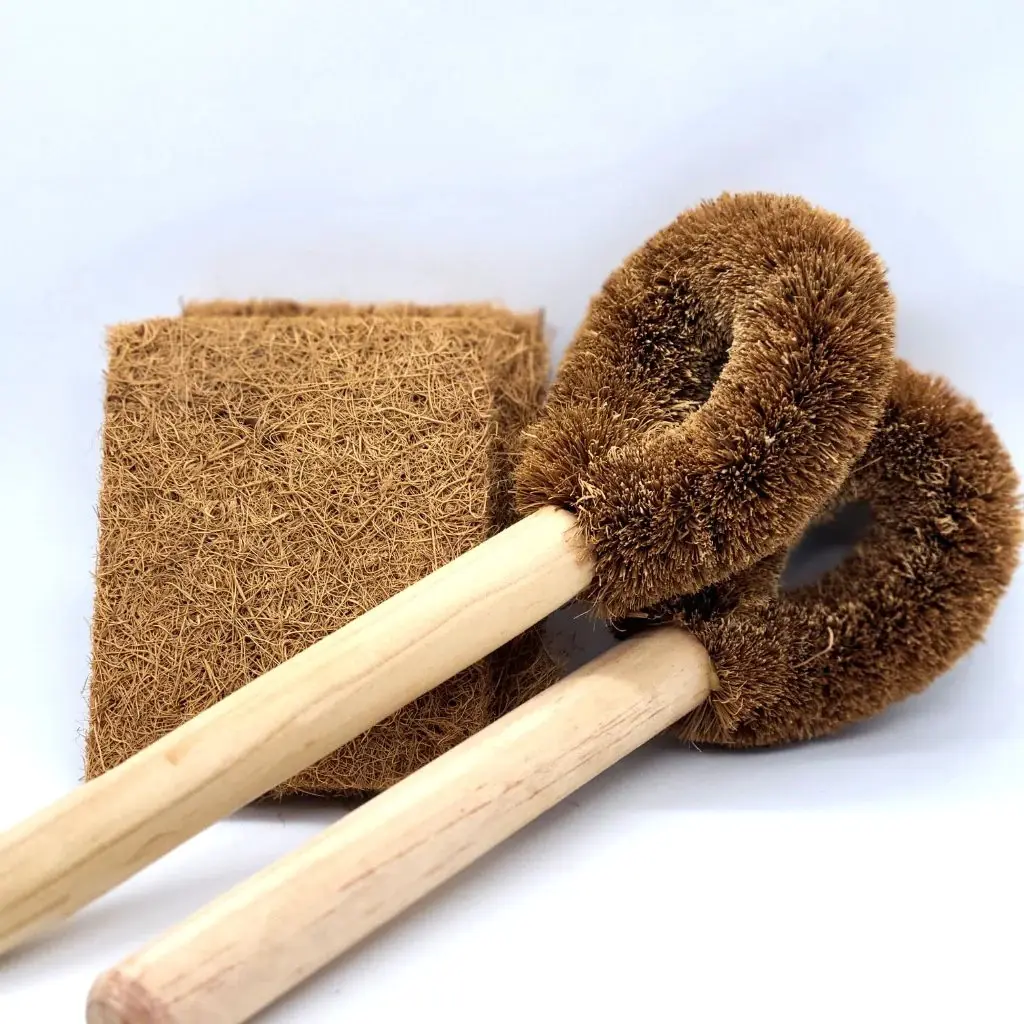 Brosse à récurer de cuisine Brosses de nettoyage naturelles pour épurateur de casseroles à légumes avec manche en noix de coco et poils en fibre de coco