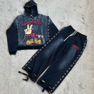 Custom Acid Washed Vintage Men Distressed <b>Y2k</b> Patchwork Hoodie Sweatpants Set Streetwear Sweatsuit Sun Faded <b>Tracksuits</b> for Men - Product Image 4