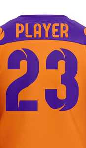 Maillot de hockey sur glace personnalisé orange et violet, uniforme d'équipe, nom et numéro de joueur personnalisés, design géométrique moderne, vêtements de performance - Product Image 3