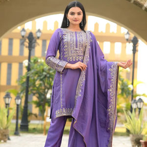 Conjunto de Kurta Palazzo de Seda Pesada con Bordado Tradicional y Dupatta para Mujer, Estilo Bollywood, para Festivales, Fiestas y Uso Casual - Product Image 1