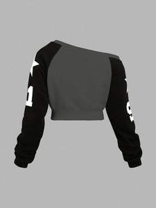 Sweat-shirt court pour femme en noir anthracite d'automne, impression personnalisée, lavage à l'acide, épaules tombantes, polaire, deux tons, doux, 100% coton - Product Image 3