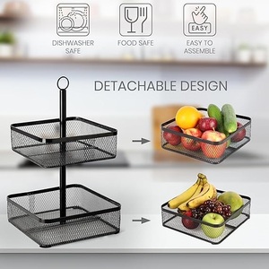 2 Tier <b>Black</b> Fruit <b>Basket</b> Metal Fruit <b>Basket</b> for Kitchen Fruit Storage Rack with Label Clip Organizer for Nursery or Kitchen - Product Image 2