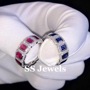 925 Silver Emerald Cut Moissanite Eternity Band <b>Rings</b> with VVS Halo Custom Unisex <b>Iced</b> Wedding Jewelry Rhodium Plated Prong Set - Product Image 6