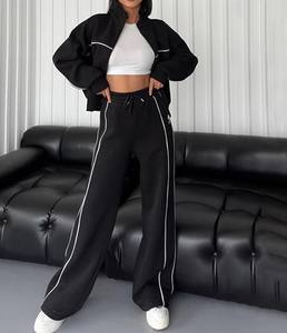 Custom Women Cropped <b>Zip</b> up <b>Sweatshirt</b> Pants Two Pieces Set Tracksuit for Women Drop Shoulder Sweatsuit Set With Strip - Product Image 3