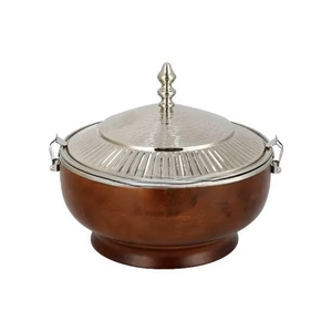 Wooden Hammered Steel <b>Serving</b> Casserole <b>Dish</b> <b>with</b> <b>Lid</b> Brass Knob Accent Elegant Serveware for Food Presentation - Product Image 2