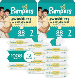 Los pañales desechables Pampers Swaddlers más vendidos, talla 7, suministro para 2 meses (2 x 88 unidades) con toallitas húmedas sensibles a base de agua. - Product Image 1