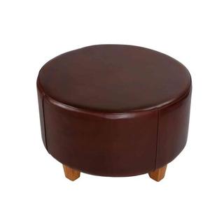 Repose-pieds ottoman rond moderne de petite taille en similicuir bleu avec assise rembourrée en mousse et pieds en métal noir brillant - Product Image 4
