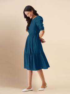 Trendmalls Robe western formelle mi-longue pour femme Col en V A-Line Satin teint en coton évasé plissé taille naturelle - Product Image 3