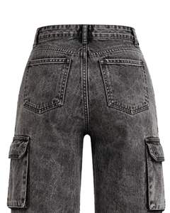 Manufacturer Custom <b>Women</b> High Waist Wide Leg Denim Cargo Pants Black Washed Multi Pocket Streetwear Casual Fashion <b>Jeans</b> - Product Image 6