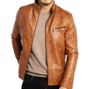 Chaqueta de piel sintética marrón para hombre, ajustada, estilo de motocicleta, ligera, duradera, prendas de vestir exteriores, cuello levantado, cremallera, cuero Zootex - Product Image 4