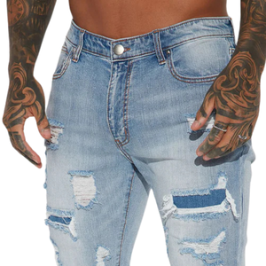<b>Mens</b> Light Blue Washed Distressed <b>Ripped</b> <b>Jeans</b> Regular Fit Denim Casual Streetwear Fashion Trousers Vintage Style Breathable Mid - Product Image 3