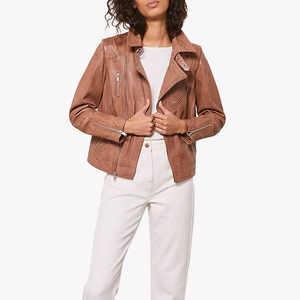 Veste en cuir de vache de haute qualité, coupe ajustée, hiver, col rabattu, multi-poches, fermeture éclair, style motard, cuir teint uni - Product Image 1