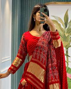 คอลเลกชันดีไซเนอร์ใหม่ ผ้าไหมแท้พิมพ์ลายบล็อก เย็บด้วยผ้าใบ และแนบ Can Can lehenga choli สําหรับขายออนไลน์ - Product Image 5