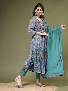 Ensemble de robe Anarkali prête-à-porter de qualité supérieure en crêpe de polyester, longueur genou, col en V, broderie de sequins et travail de miroirs, style indien - Product Image 3