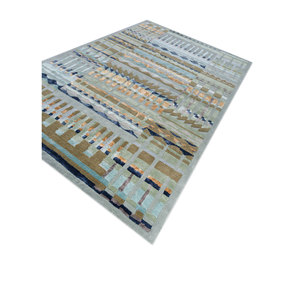 Alfombra Rectangular Azul Confeti Geométrica de Lana y Viscosa Hecha a Mano para el Hogar, Pasillo, Dormitorio o Junto a la Cama - Modelo Tra-14901 - Product Image 2