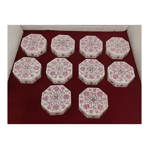 Fabricant de marbre artisanal indien avec incrustation de nacre de couleur rose, Designs faits à la main pour bijoux et boîtes alimentaires sèches